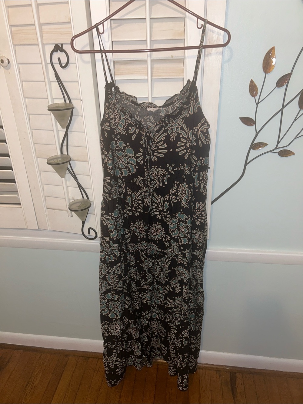 Blu Pepper Black Slip Dress with Teal Floral Motif